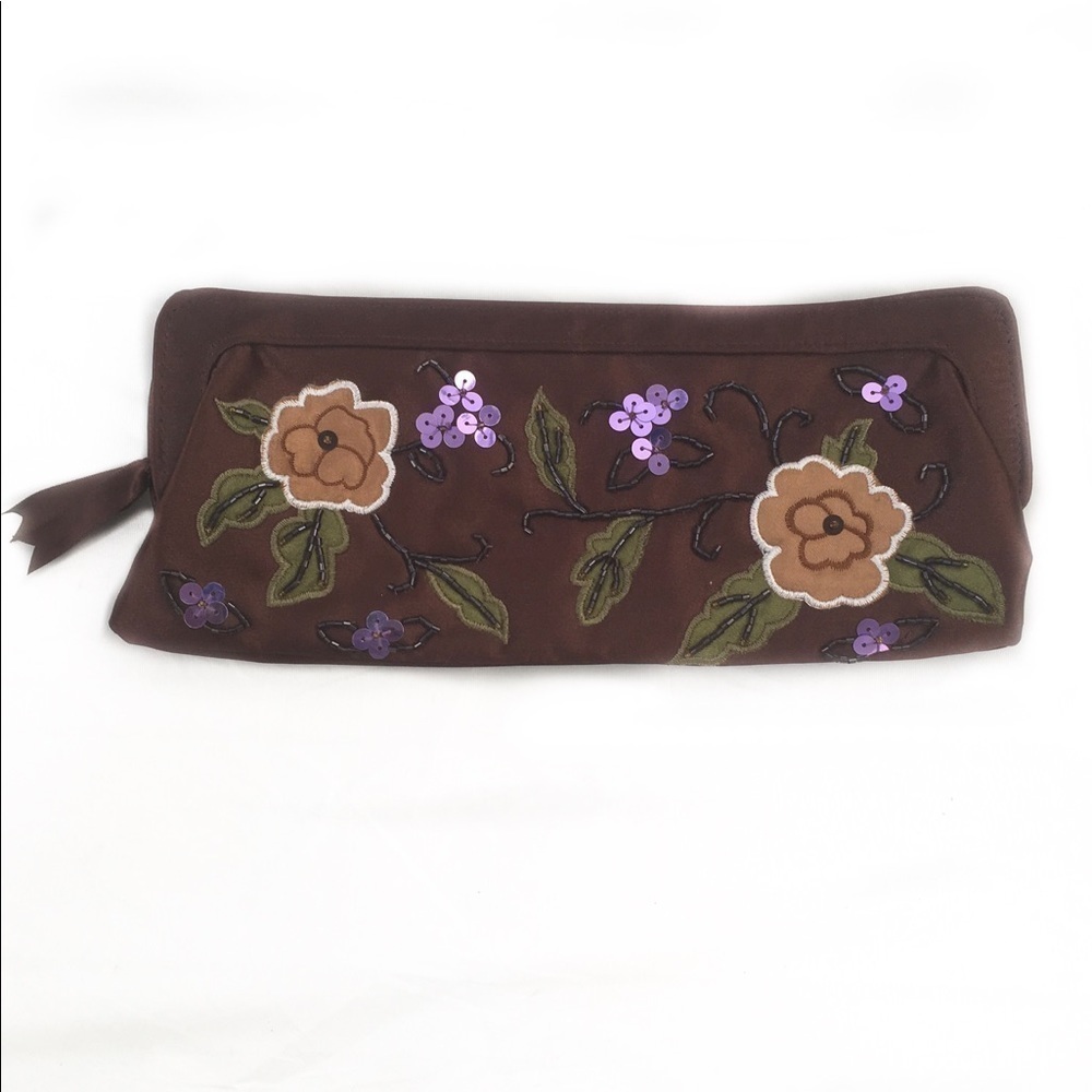 Satin Sequin Beaded Vintage Brown Clutch - Picture 1 of 7